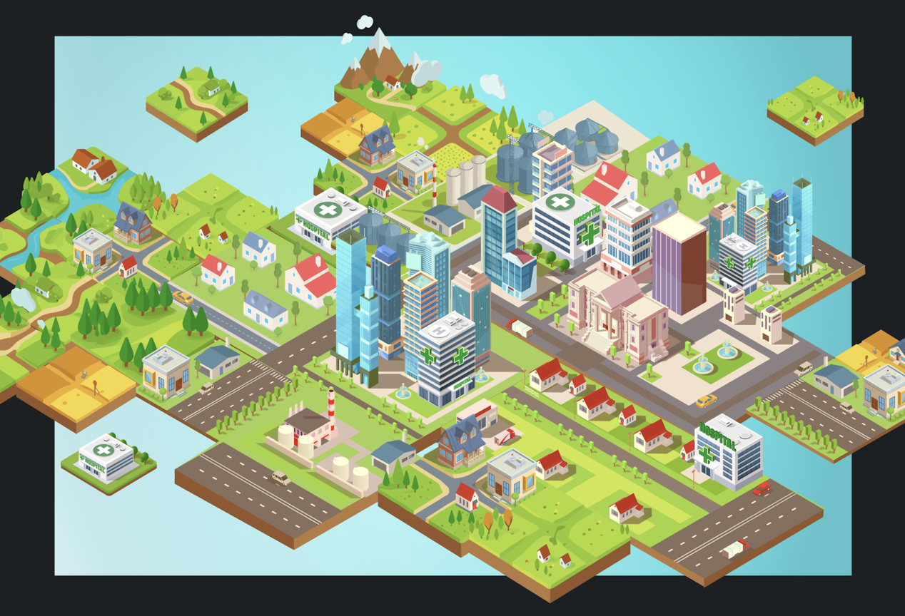 Graphic representation of a city shows houses and health-related resources.